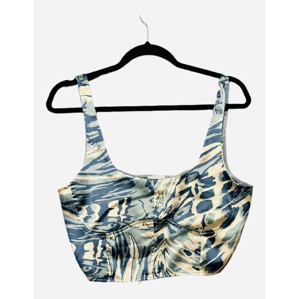 HOUSE OF HARLOW SIZE LARGE BLUE SWIRL STRAPPY CROP POLYESTER TOP